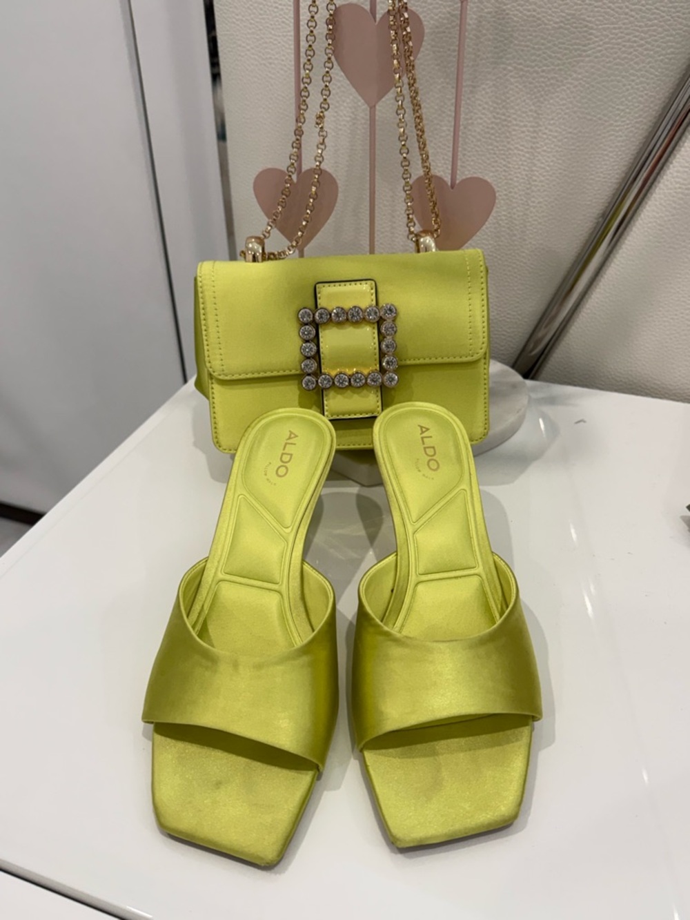 Aldo Lime Satin Crossbody with Crystal Buckle